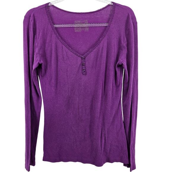 Vintage Y2K Purple Lace Trim Henley Top Size MD Cozy Comfy Lounge Casual Basic - Picture 1 of 9